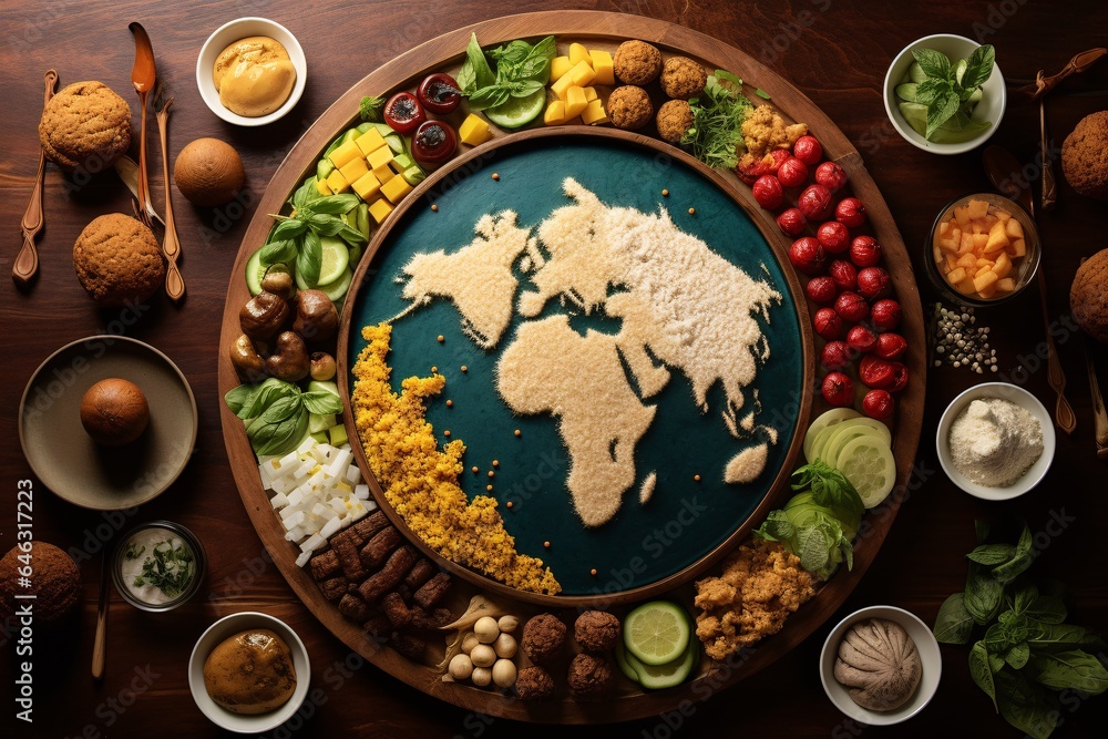 a globe or world map surrounded by small plates of vegetarian dishes representative of various countries