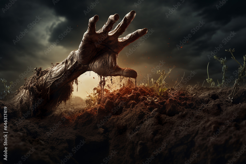 Zombie hand rising out of a graveyard on Halloween night.
