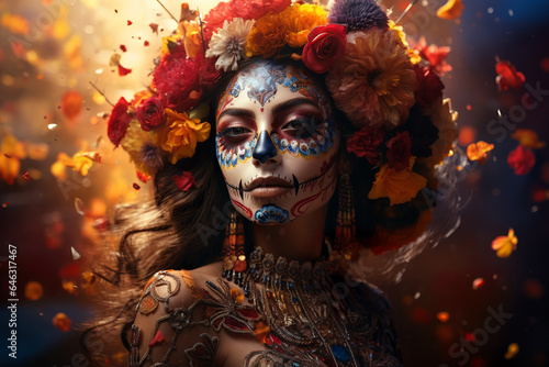 Sugar skull with colorful flowers. Calavera Catrina. Dia de los muertos. Day of The Dead.