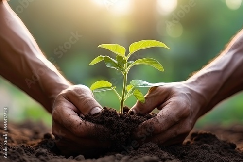Wallpaper Mural Close up  male hands of farmer planting seedling in fertile soil with sunlight. Earth day concept Torontodigital.ca