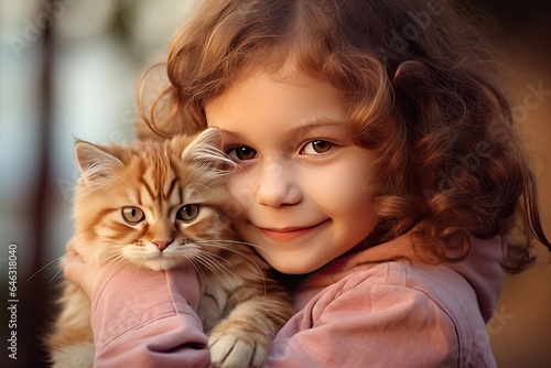 A beautiful portrait of a young Caucasian girl and her cute kitten, radiating love and innocence in nature.