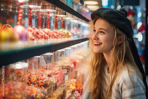 A happy Caucasian girl shopping for candy in a supermarket, displaying a positive and attractive demeanor.