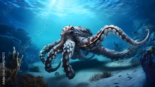 Huge octopus deep in the ocean under the water, wild sea life