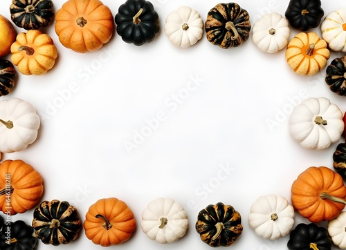 Frame of orange and black halloween and thanksgiving pumpkins on white background