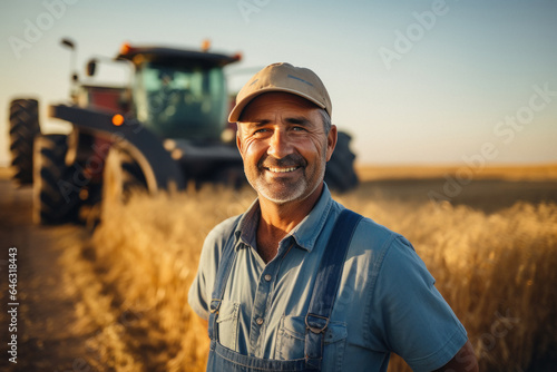 Farmer standing with machinery at agriculture field photo