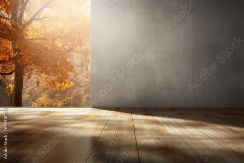 Beautiful autumn background with concrete floor and volumetric light rays from right side Generative AI