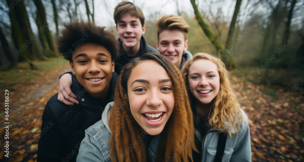 Group of teenagers - girls and boys - taking selfie with cell phone in the forest - theme youth, celebration, independence 