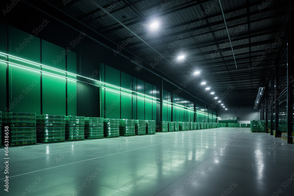 Promoting environmental consciousness, a warehouse is brightly lit by energy-efficient LEDs, reflecting the principles of green logistics