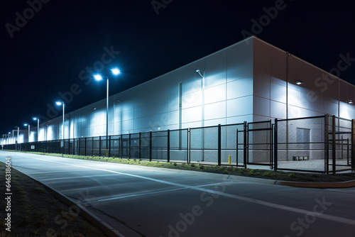 The exterior of a warehouse is illuminated by security lights during nighttime, highlighting its robust fence ensuring safety and security