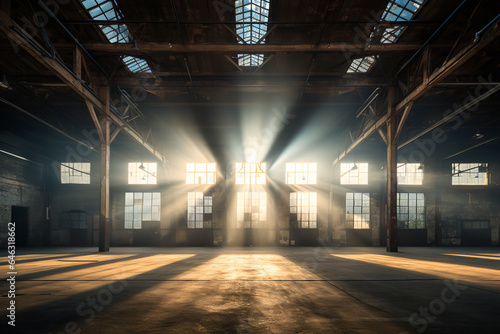  A serene scene inside an empty warehouse, where beams of sunlight create dramatic patterns as they shine through tall windows