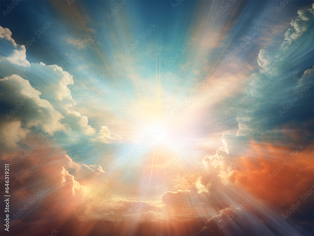 Sun beams or rays shining through blue and orange hue sky. Heaven or spirituality concept