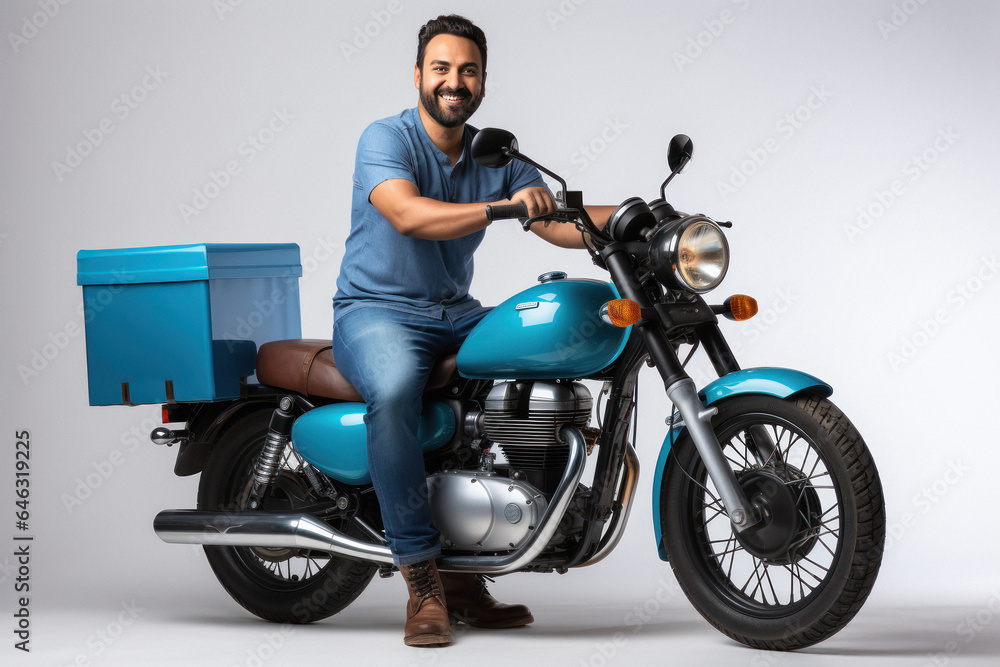 Indian deliveryman in uniform riding bike and giving happy expression Indian deliveryman in uniform riding bike and giving happy expression