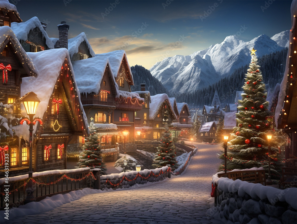 Christmas village scene with street lamp, christmas tree and snowy mountains at the background