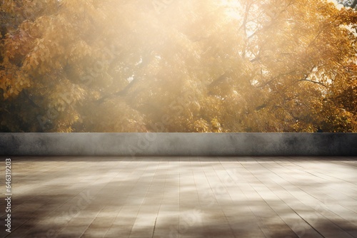 Beautiful autumn background with concrete floor and volumetric light rays from right side Generative AI