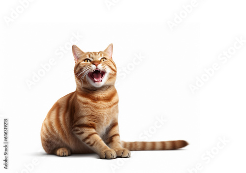 Happy cat seated with mouth open with a laughing expression. On white background