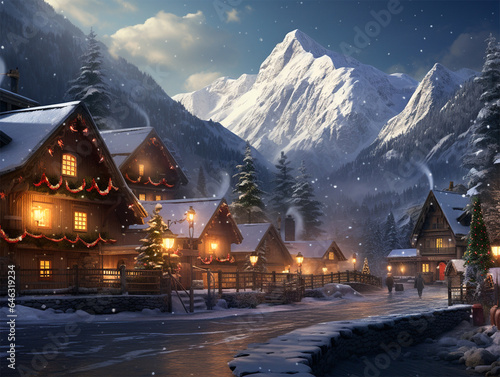 Christmas village scene with street lamp, christmas tree and snowy mountains at the background © sinseeho