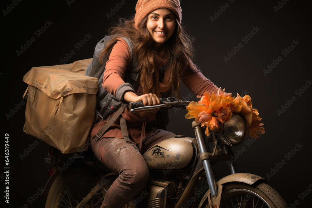 Obraz premium Young girl riding bike delivering food or other parcel.