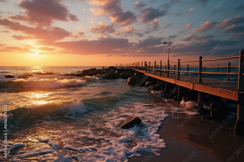 Obraz premium Wooden pier on ocean or sea at sunset, perspective view