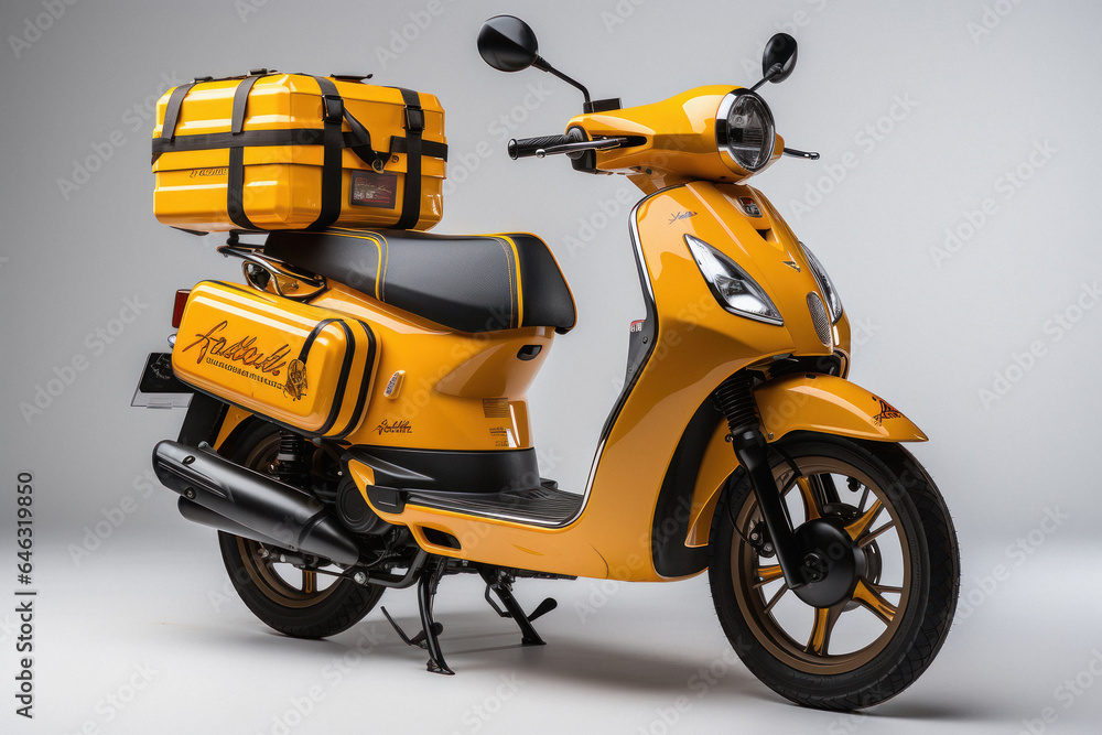 Yellow color scooter with luggage. courier service concept. Yellow color scooter with luggage. courier service concept.