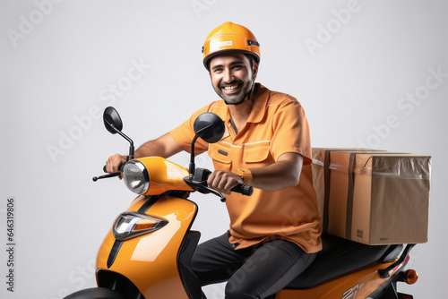 Indian deliveryman in uniform riding bike and giving happy expression photo