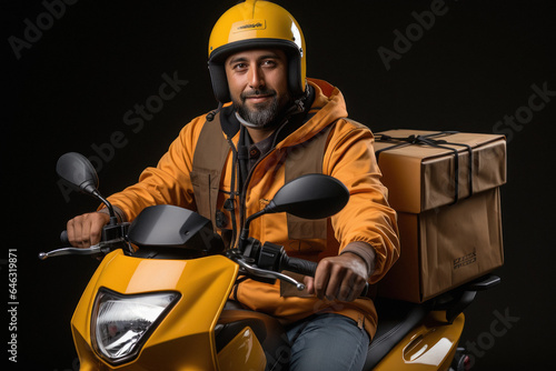 Indian deliveryman in uniform riding bike and giving happy expression © PRASANNAPIX