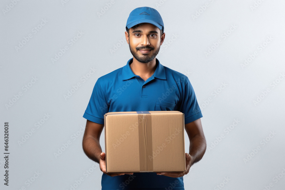 Young deliveryman or courier boy holding box in hand. Young deliveryman or courier boy holding box in hand.