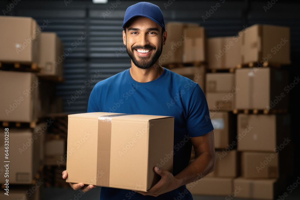 Young deliveryman or courier boy holding box in hand. Young deliveryman or courier boy holding box in hand.