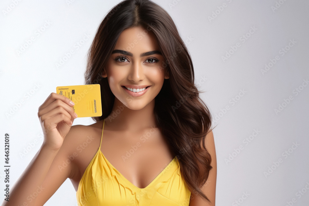 Young woman showing bank card and giving happy expression. Young woman showing bank card and giving happy expression.