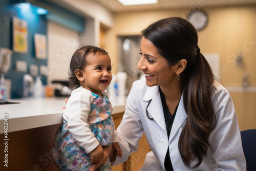 Female pediatricians playful with little child while check up