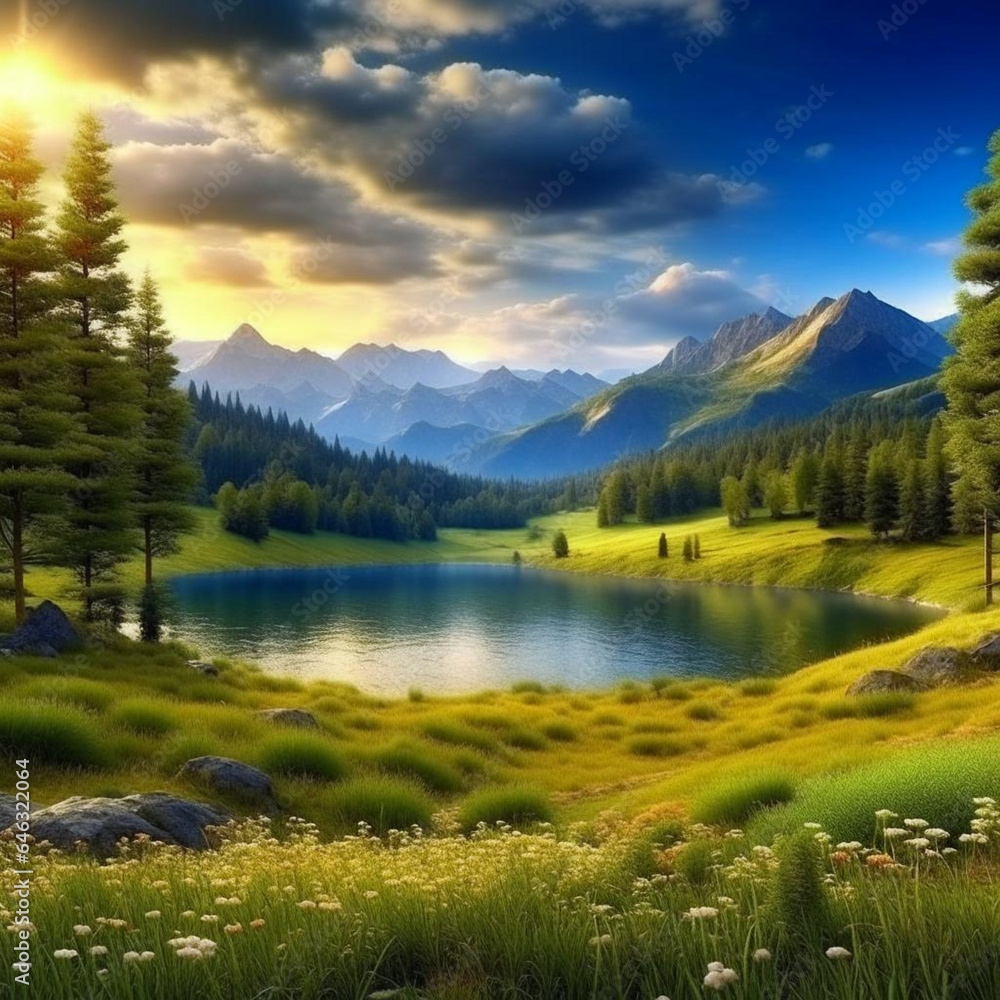 Beautiful landscape of the lake with a view of the beautiful mountains