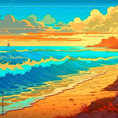 Beautiful sunset landscape on the beach by the sea with waves