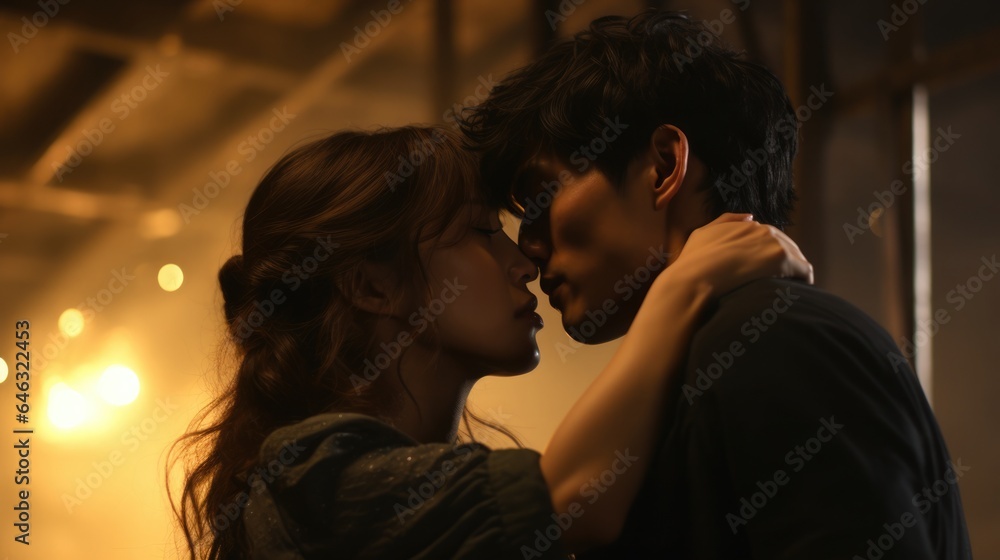 A girl and a guy in love in the cinematic style of a Korean dorama. A girl and a guy in love in the cinematic style of a Korean dorama.