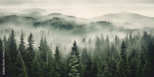 Misty fir forest beautiful landscape in hipster vintage retro style  foggy mountains and trees - Generative AI