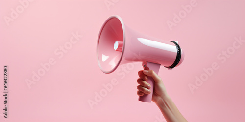 Pink megaphone held up on on plain pink background - Generative AI