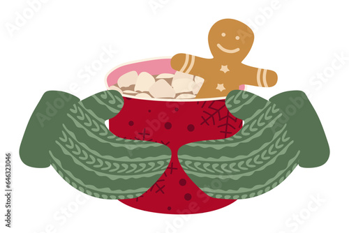 Two hands in Knitted mittens holding cup with Hot Chocolate drink. Warming cacao with Cookie and Marshmallow. Vector Flat illustration for greeting card, print, Christmas Holiday decoration.