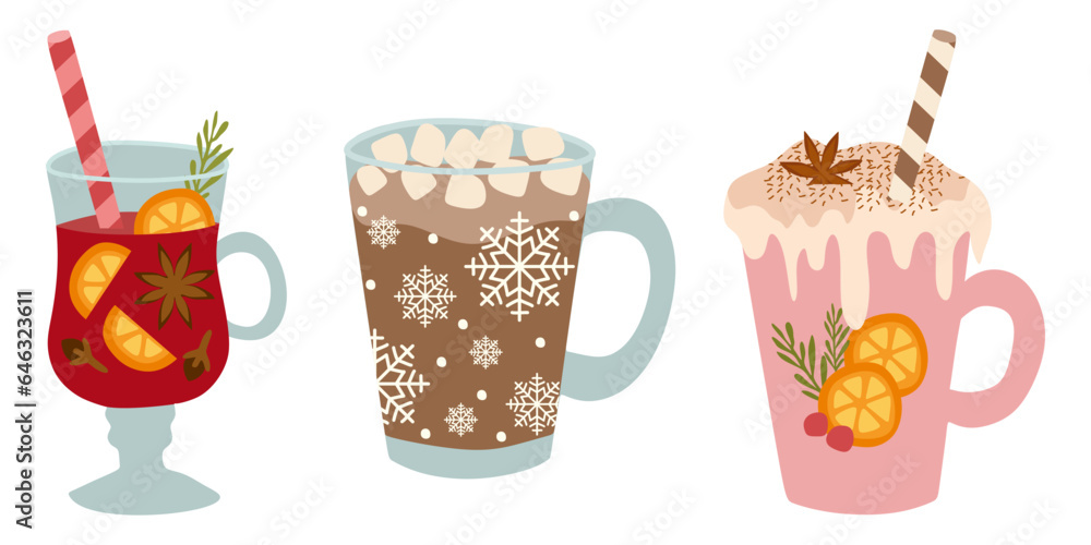 Vector Collection of Hot Winter drinks. Hot chocolate, Coffee, Cocoa with Whipped cream and Marshmallow, Mulled wine. Autumn and winter holidays decoration. Isolated vector Flat style illustration. Vector Collection of Hot Winter drinks. Hot chocolate, Coffee, Cocoa with Whipped cream and Marshmallow, Mulled wine. Autumn and winter holidays decoration. Isolated vector Flat style illustration.