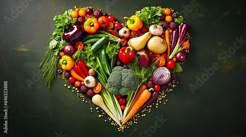 Heart made of many vegetables on brown background