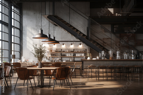 interior design of a cafe loft style, wood furniture, natural color, natural light generated by AI