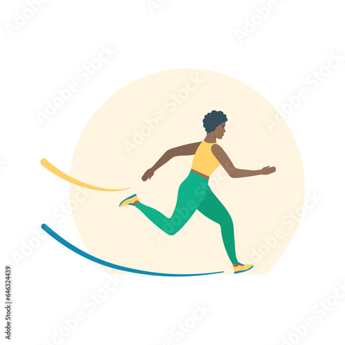 Black female athlete running a marathon race. Jogging woman in sportswear. Sport and fitness design in flat style. Rushing businesswoman in competition. Vector illustration.