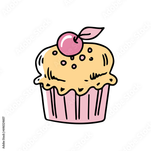 Cupcake with a cherry on top in doodle style on a white background. Festive concept. Hand drawn vector colored outline icon..