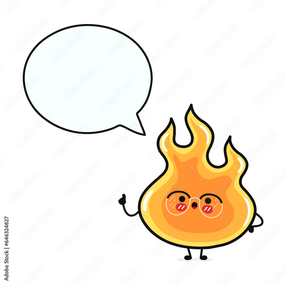 Fire with speech bubble. Vector hand drawn cartoon kawaii character illustration icon. Isolated on white background. Fire character concept Fire with speech bubble. Vector hand drawn cartoon kawaii character illustration icon. Isolated on white background. Fire character concept
