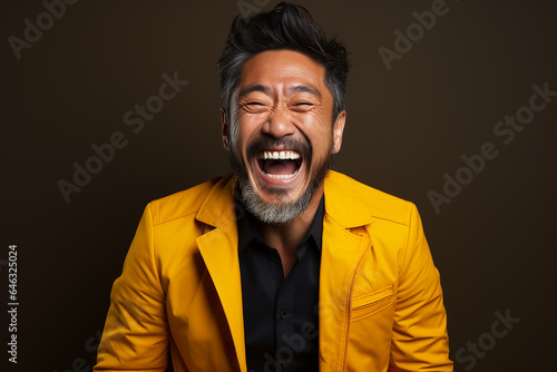 Studio portrait of handsome middle age asian man standing on different colours background © gaukharyerk