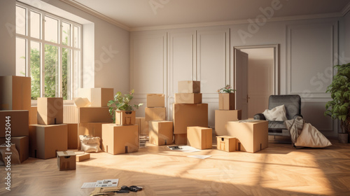 Cardboard boxes and household stuff in living room. Moving day