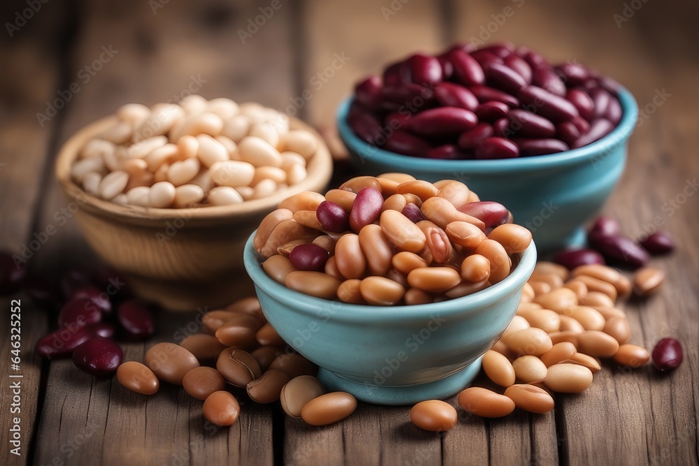 Assorted beans in bowls on a wooden background Assorted beans in bowls on a wooden background