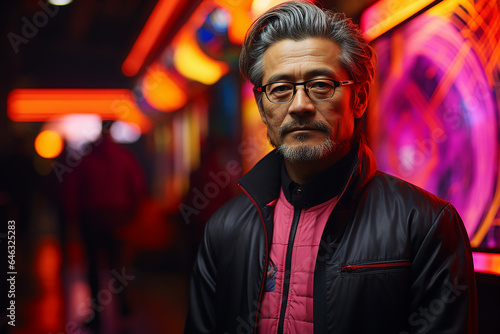 Studio portrait of handsome middle age asian man standing on different colours background