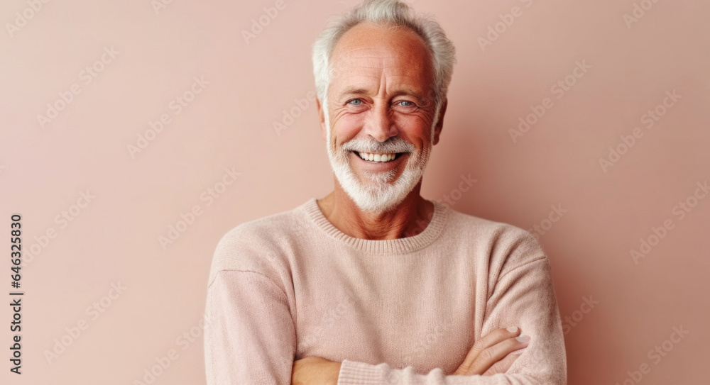 Smiling senior man exudes positivity in a studio setting, wearing muted tones. Generative AI Smiling senior man exudes positivity in a studio setting, wearing muted tones. Generative AI