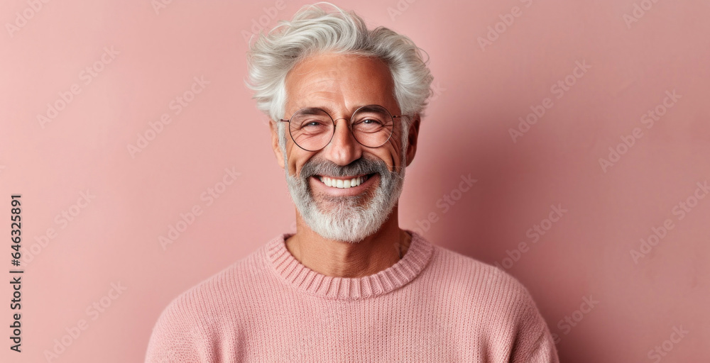 Studio portrait of a joyous senior man, donning neutral clothing, with a radiant grin. Generative AI Studio portrait of a joyous senior man, donning neutral clothing, with a radiant grin. Generative AI