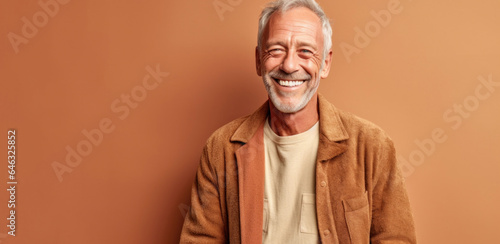 Positive vibes from a beaming elderly man, clad in neutral attire against a studio background. Generative AI