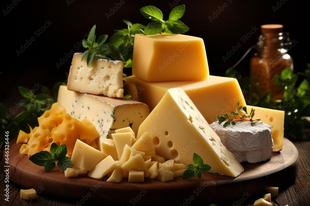 Backgrounds made of cheese arranged in pieces on top of each other, Cheese Delights: A Gourmet Assortment