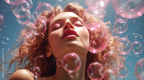 A captivating portrait of a young woman surrounded by an ethereal bubble of pink, her expression conveying an air of dreamy innocence